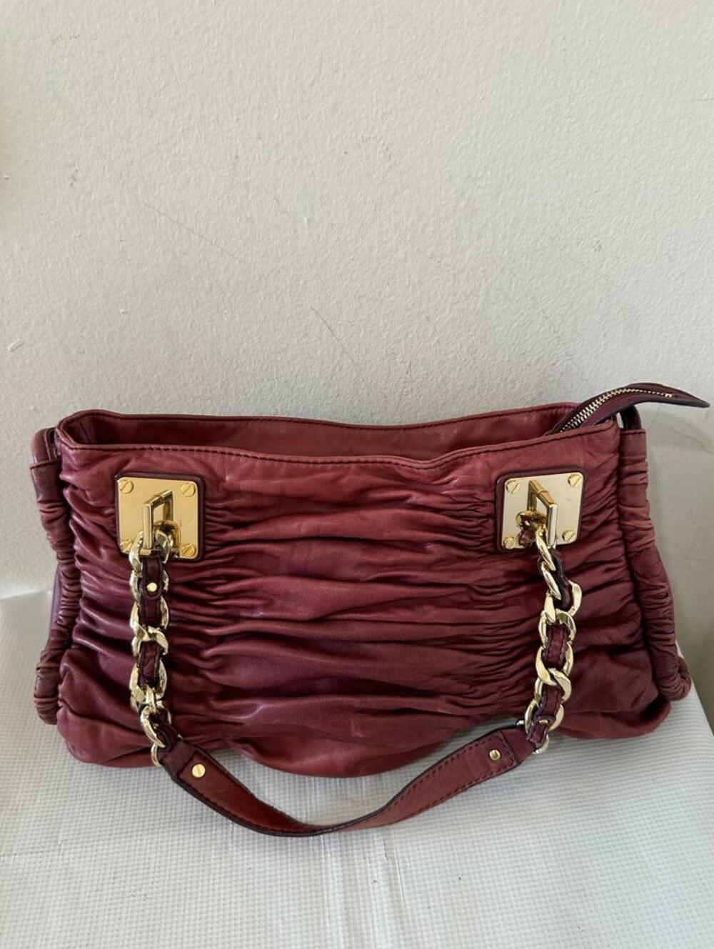 Michael Kors Gathered Leather Chain Shoulder Tote Bordeaux Wine Gold Hardware